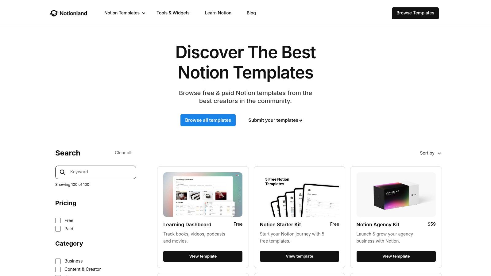 Notionland Template Gallery
