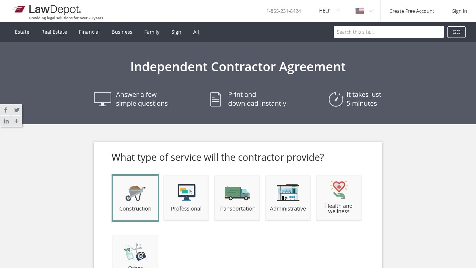 A screenshot of the LawDepot interface showing a dropdown menu with different service types for a freelance contract.