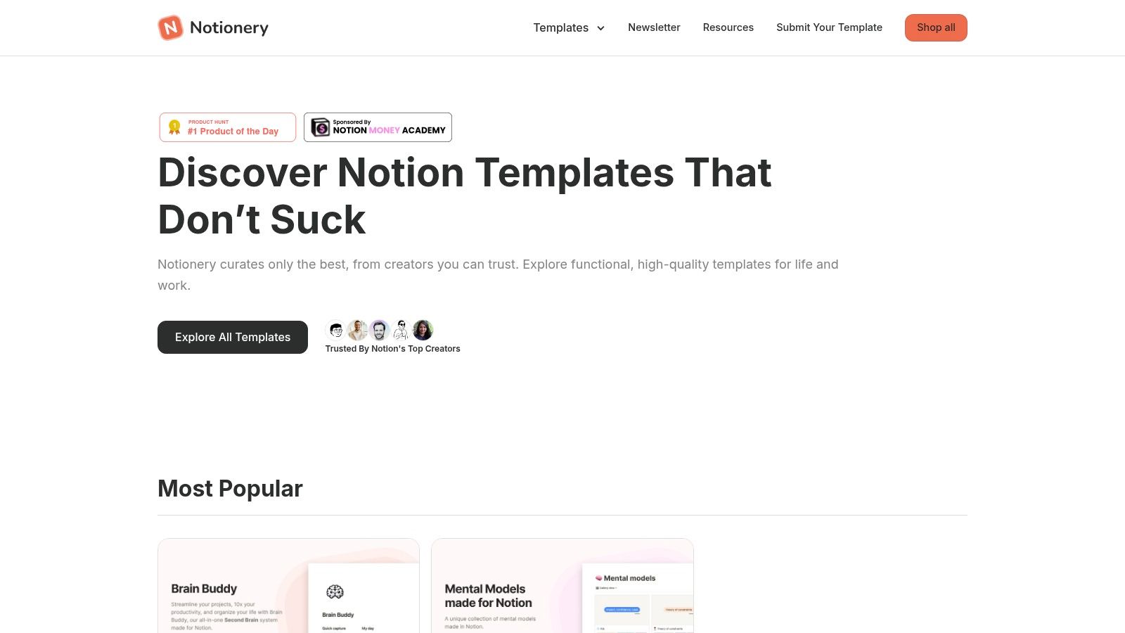 Notionery website screenshot showing curated Notion templates