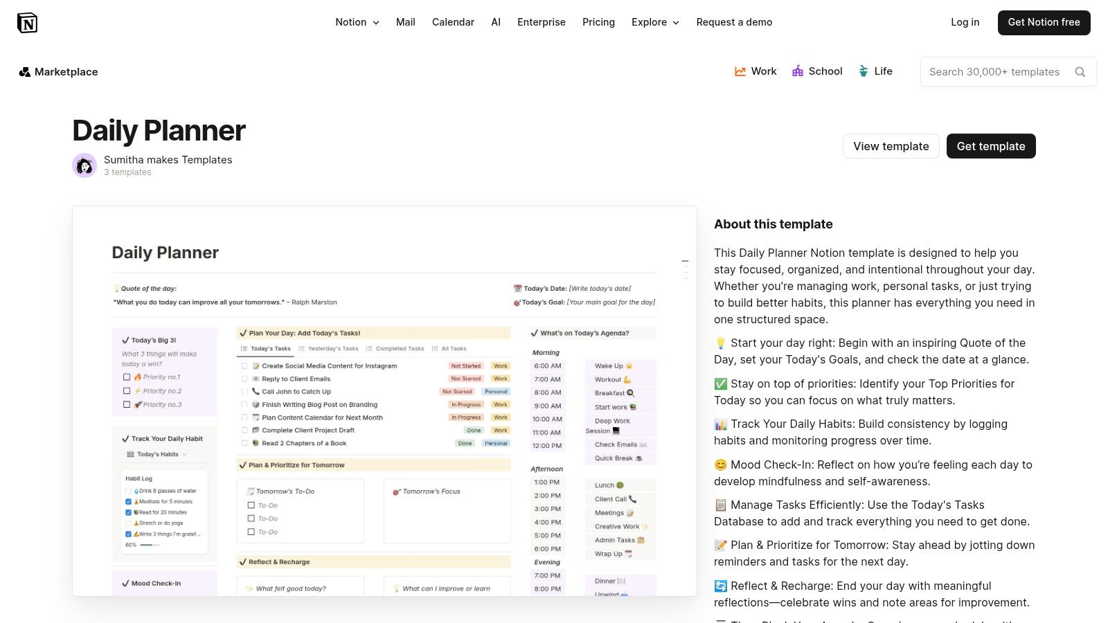 Notion Template Marketplace — Daily Planner (Sumitha)