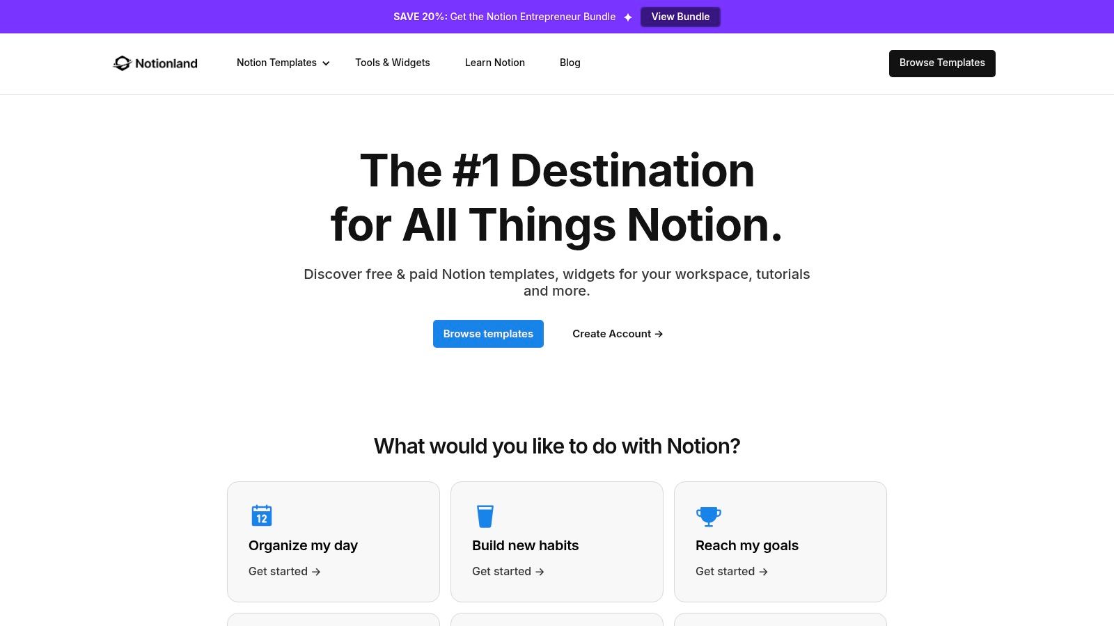Notionland website screenshot showing various Notion templates