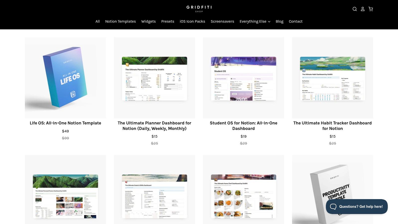 Gridfiti Shop website showing aesthetic and functional Notion templates