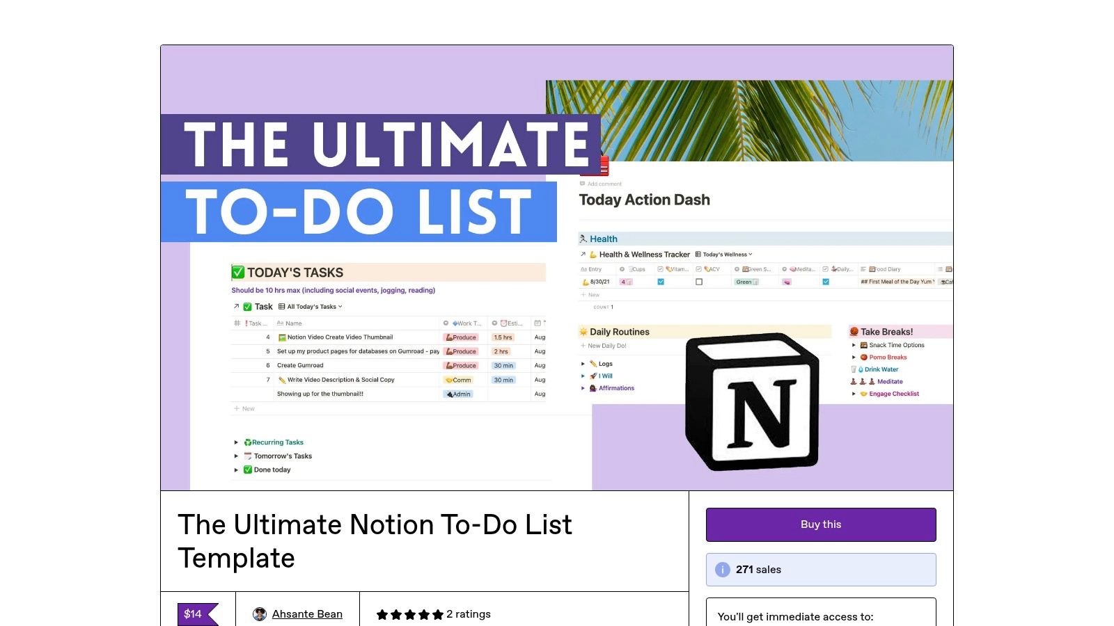 Gumroad (Ahsante Bean - The Ultimate Notion To‑Do List Template)