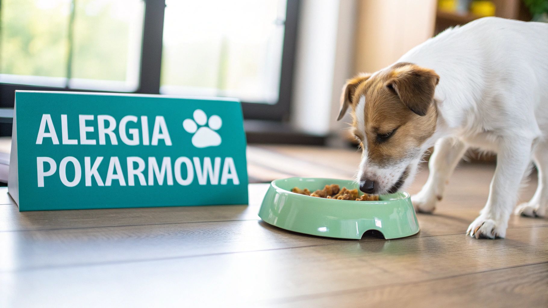 Biały piesek Jack Russell Terrier je karmę z miski obok zielonego znaku z napisem 'Alergia Pokarmowa'.