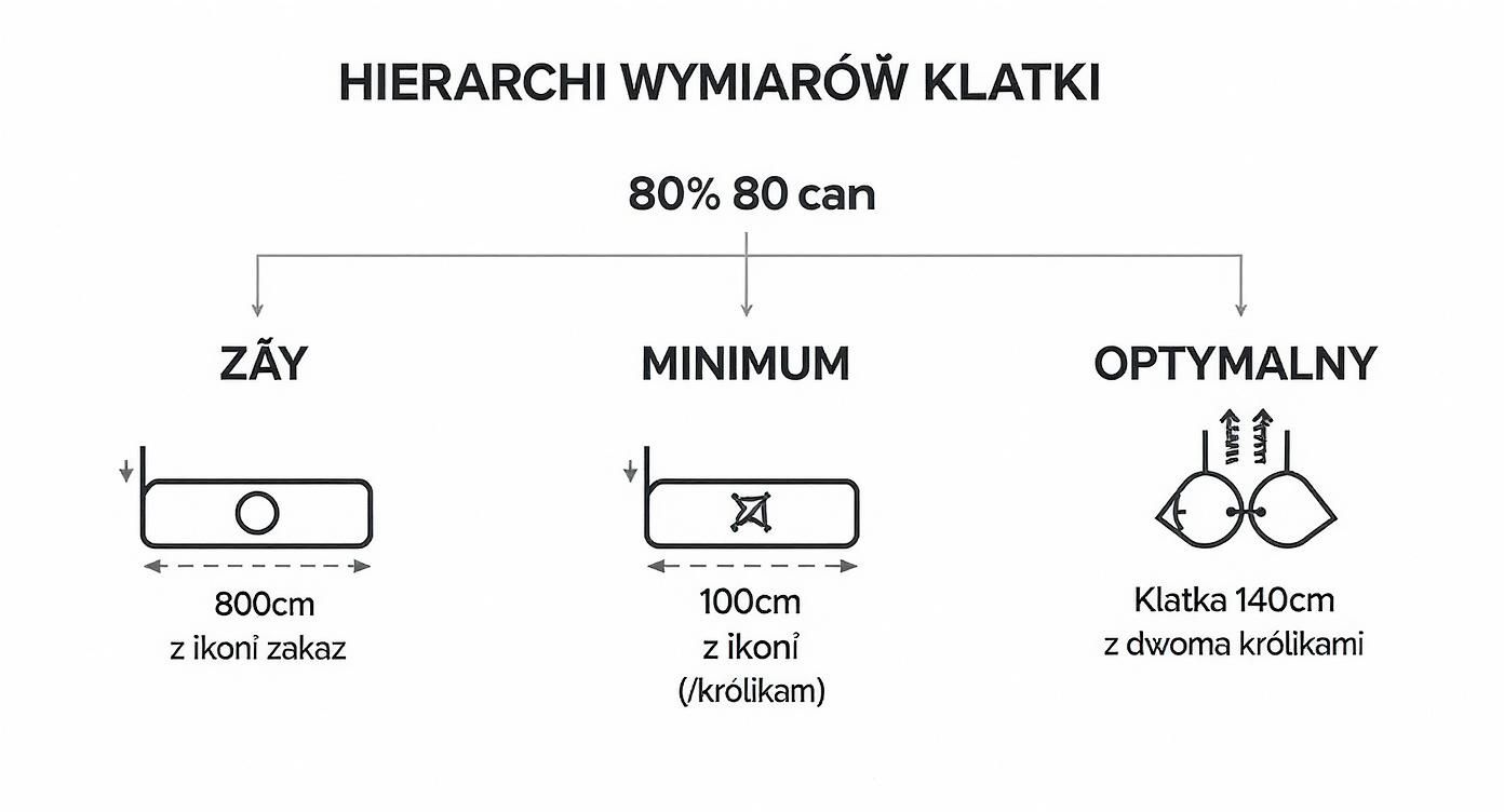 Hierarchia wymiarów klatek dla królików: zły 800cm, minimum 100cm, optymalny 140cm z dwoma królikami