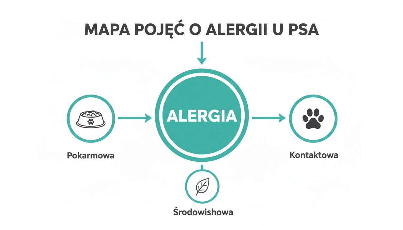 Mapa pojęć przedstawiająca trzy rodzaje alergii u psa: pokarmową, środowiskową i kontaktową.