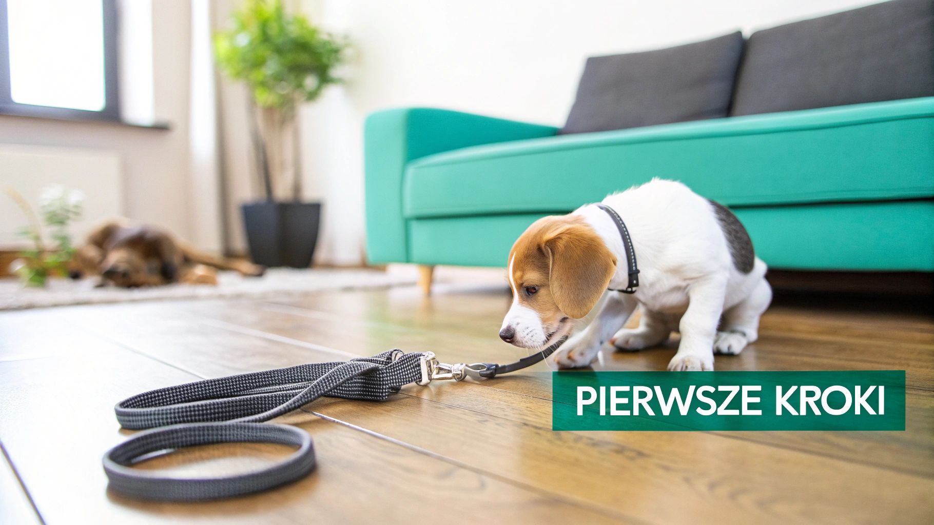 Pies w domu oswajający się ze smyczą i obrożą.