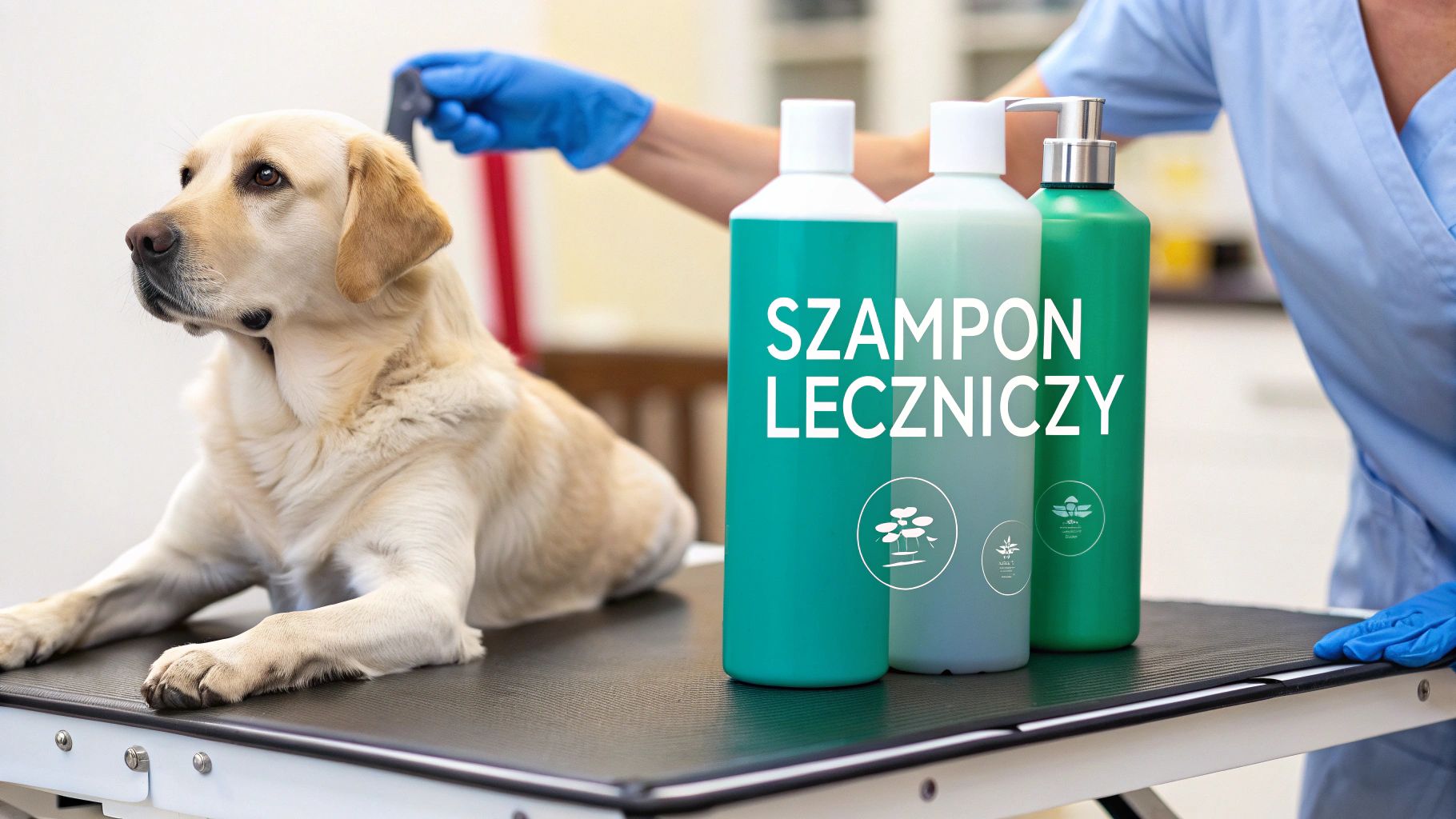 Pies labrador na stole do pielęgnacji, obok trzy butelki leczniczego szamponu dla psów, a w tle groomer z pędzlem.