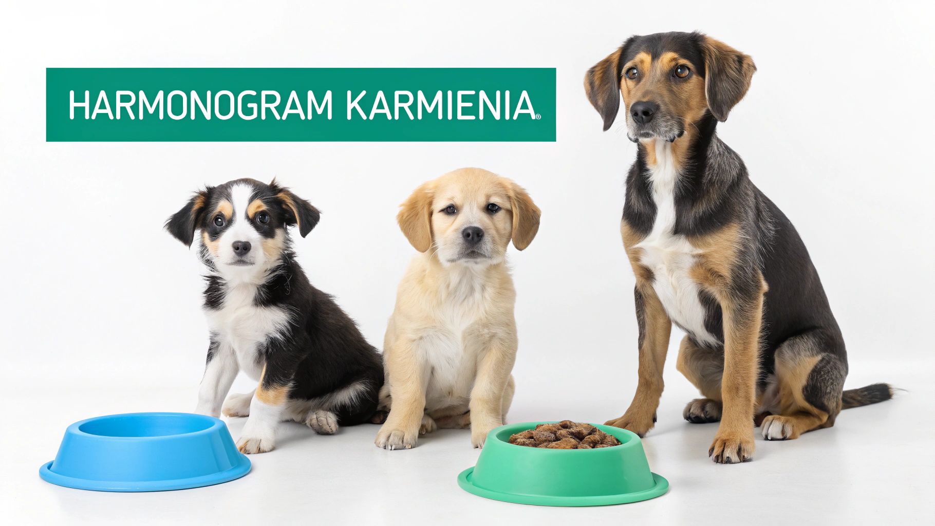 Trzy psy (dwa szczeniaki i dorosły pies) siedzące obok misek z jedzeniem, z napisem 'Harmonogram Karmienia'.