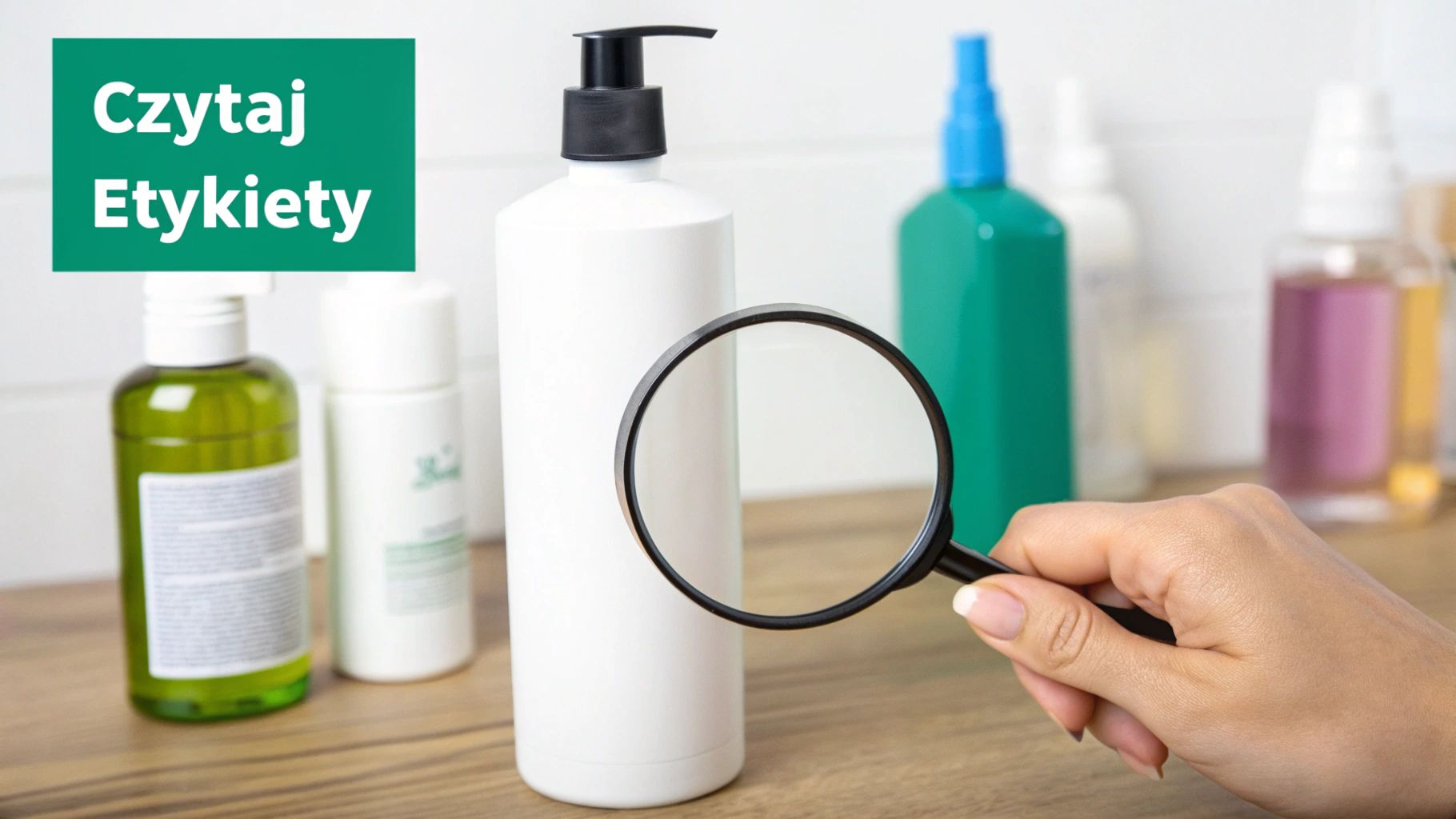 Ręka z lupą analizująca etykietę białej butelki kosmetycznej na tle innych produktów. W rogu napis: Czytaj Etykiety.