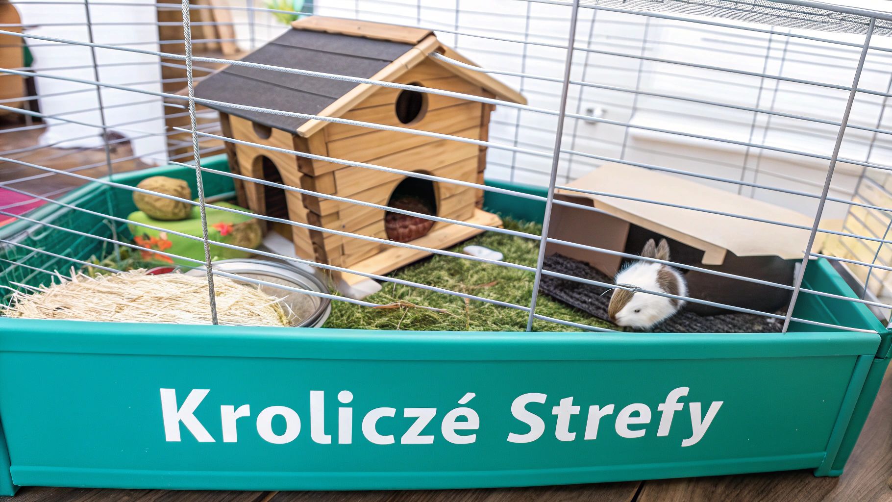 Klatka dla królika z drewnianym domkiem, miską z wodą i świeżą trawą na dnie