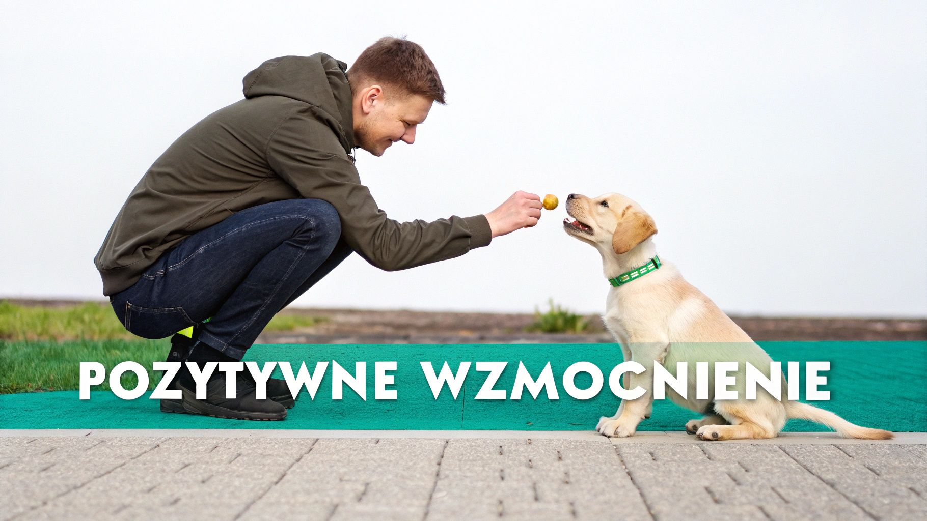 Właściciel nagradza psa smakołykiem na trawniku