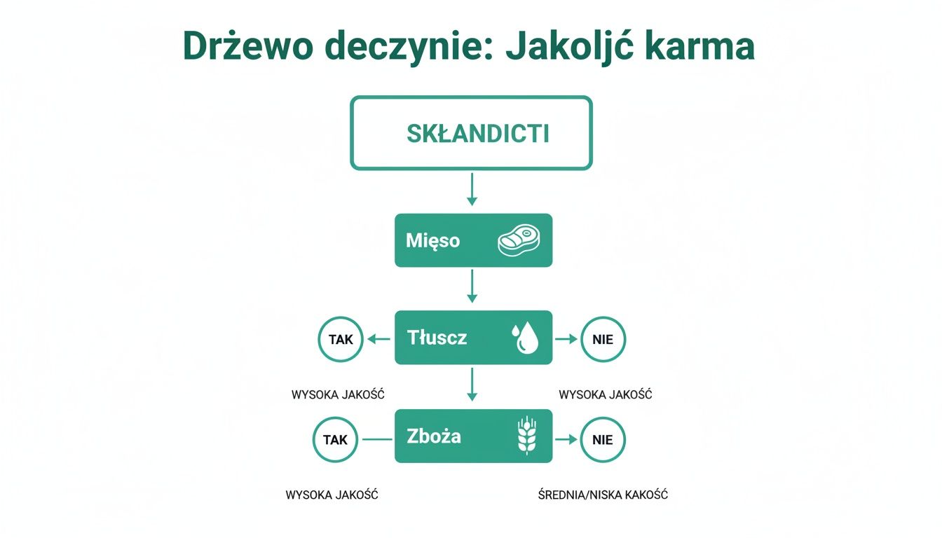 Drzewo decyzyjne karmy dla psów, analizujące składniki: mięso, tłuszcz, zboża i ich wpływ na jakość.