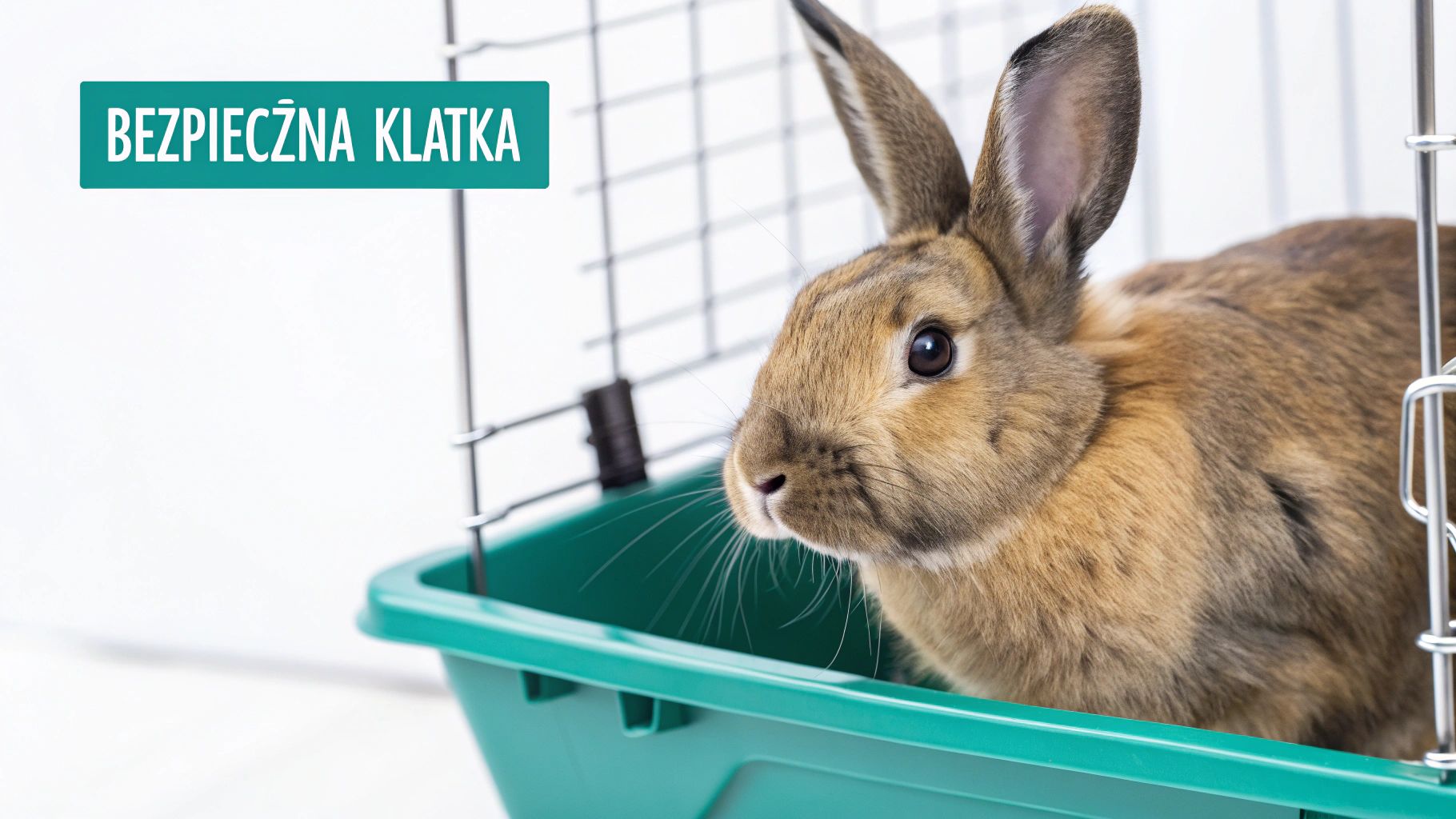 Brązowy królik w bezpiecznej klatce z turkusową kuwetą i napisem bezpieczna klatka
