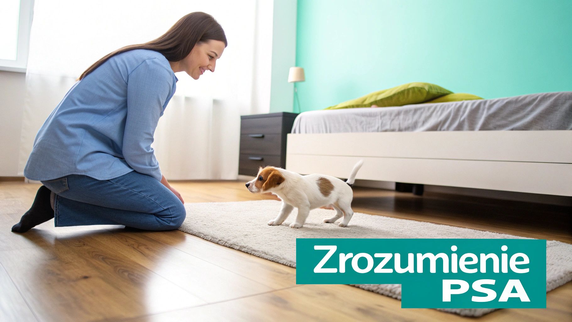 Właścicielka głaszcze małego szczeniaka leżącego na kanapie