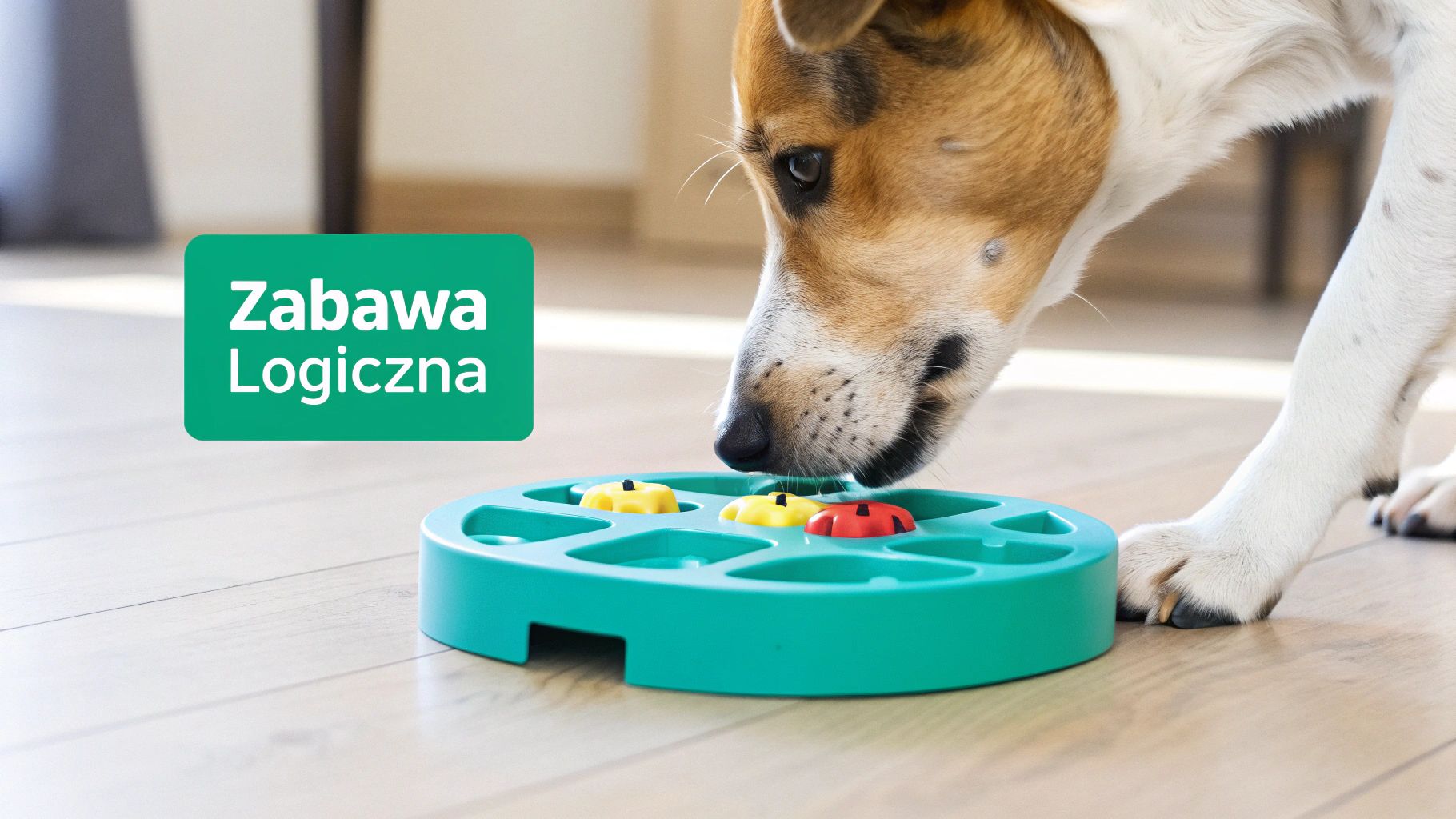 Pies rasy Jack Russell Terrier używający zielonej miski interaktywnej na drewnianej podłodze, z napisem 'Zabawa Logiczna'.