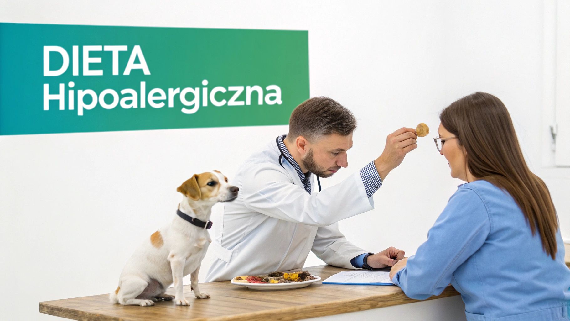 Weterynarz doradza właścicielce psa w sprawie diety hipoalergicznej, prezentując różne karmy.