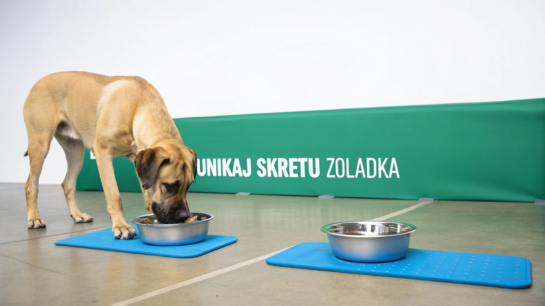 Duży, jasnobrązowy pies je z miski na niebieskiej macie, z banerem "UNIKAJ SKRETU ZOLADKA" w tle.