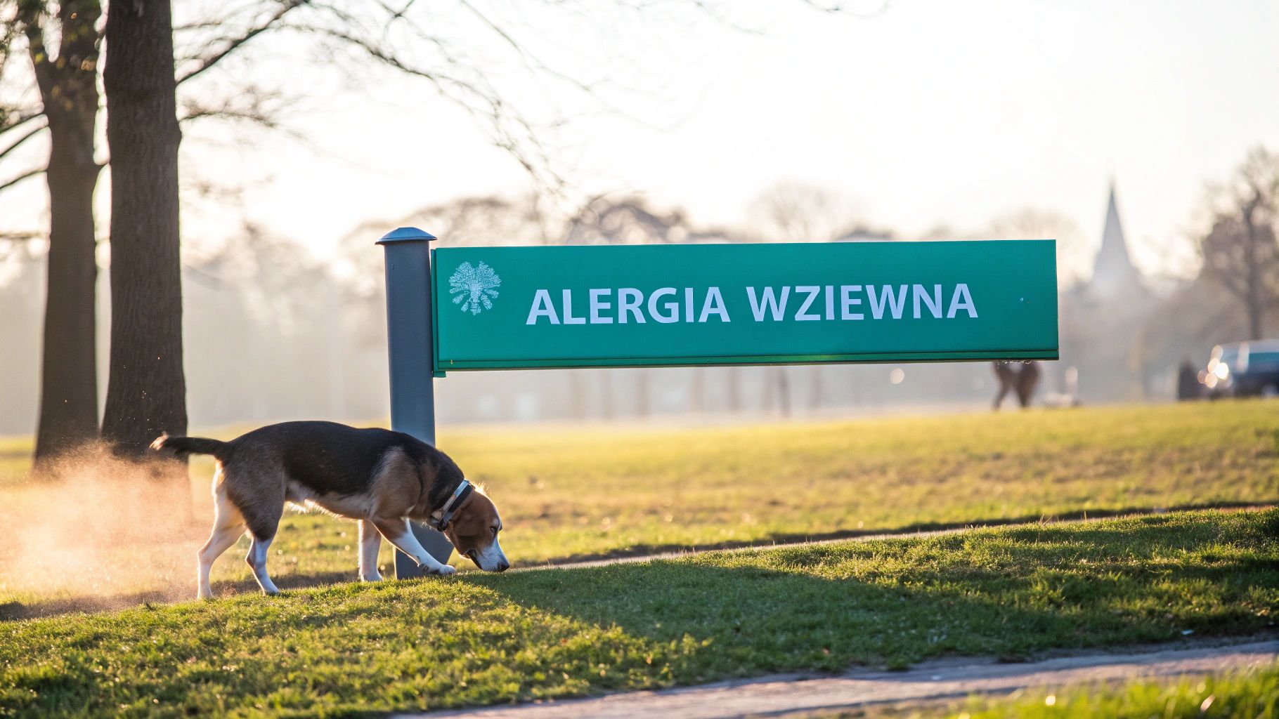 Pies rasy beagle intensywnie wąchający trawę w słonecznym parku, obok zielonego znaku 'ALERGIA WZIEWNA'.