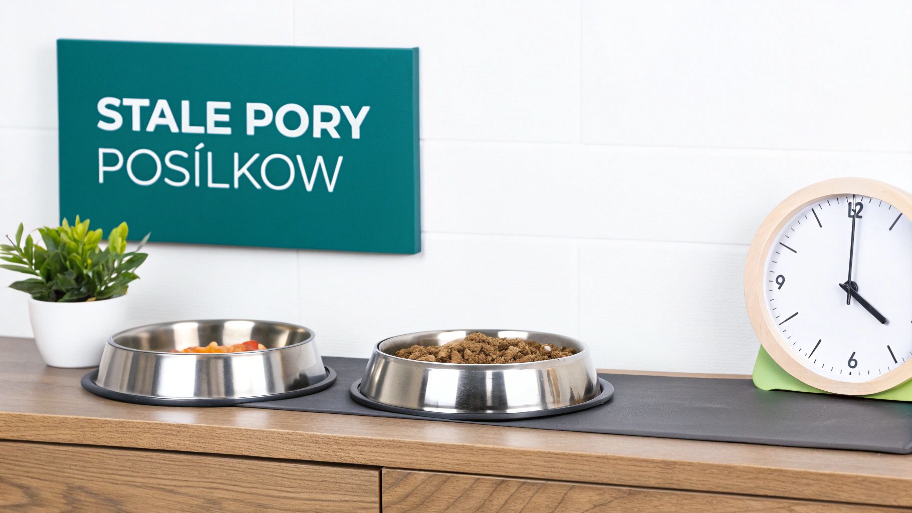 Miski z karmą dla psa, zegar i znak 'Stałe pory posiłków' na drewnianej powierzchni.