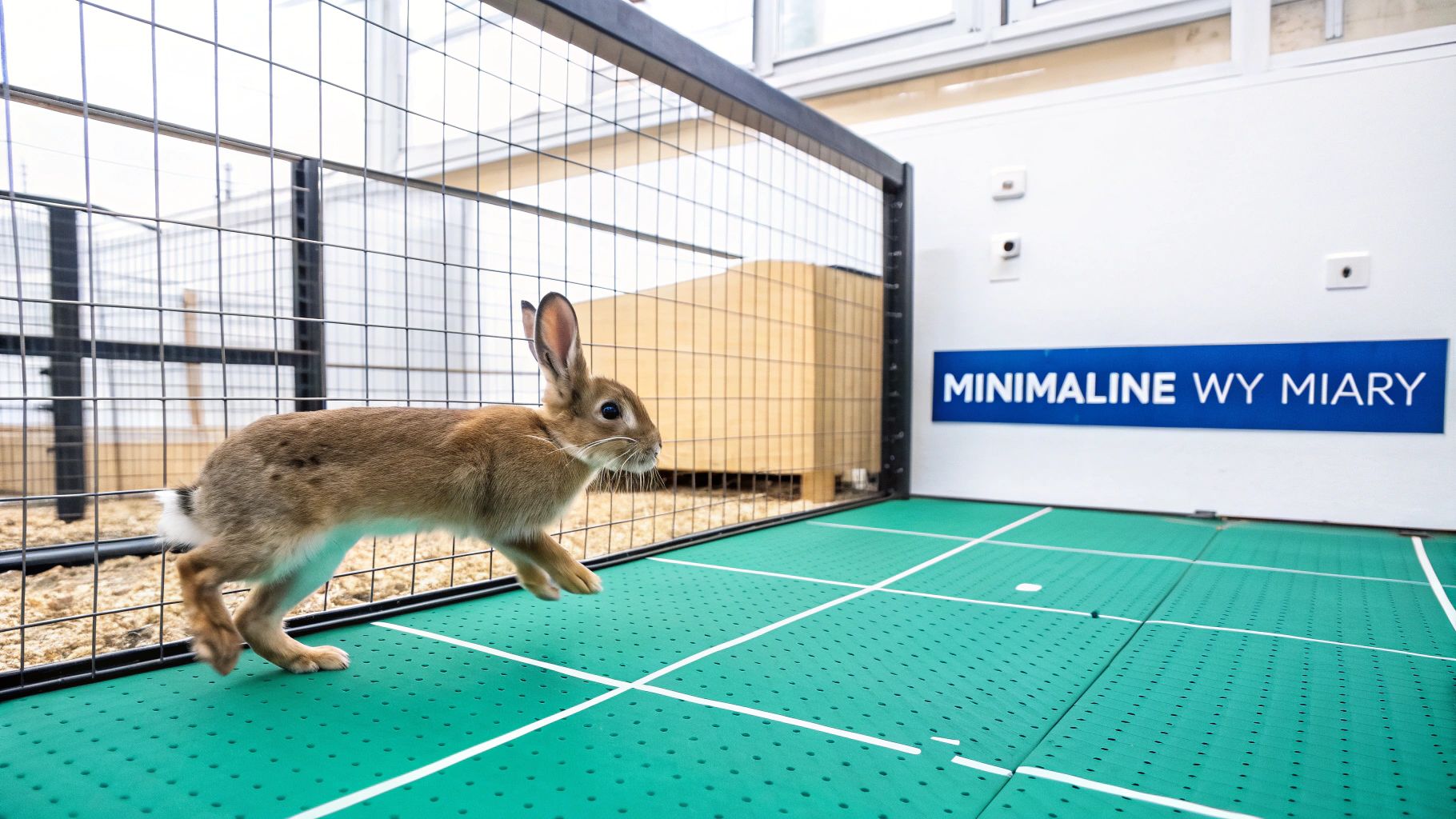 Brązowy królik wychodzący z klatki na zielony dywanik z liniami, minimalny wystrój wnętrza