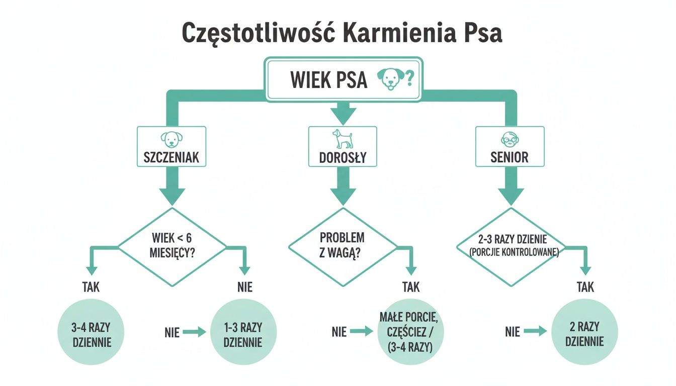 Schemat przedstawiający częstotliwość karmienia psa w zależności od wieku (szczeniak, dorosły, senior) i wagi.