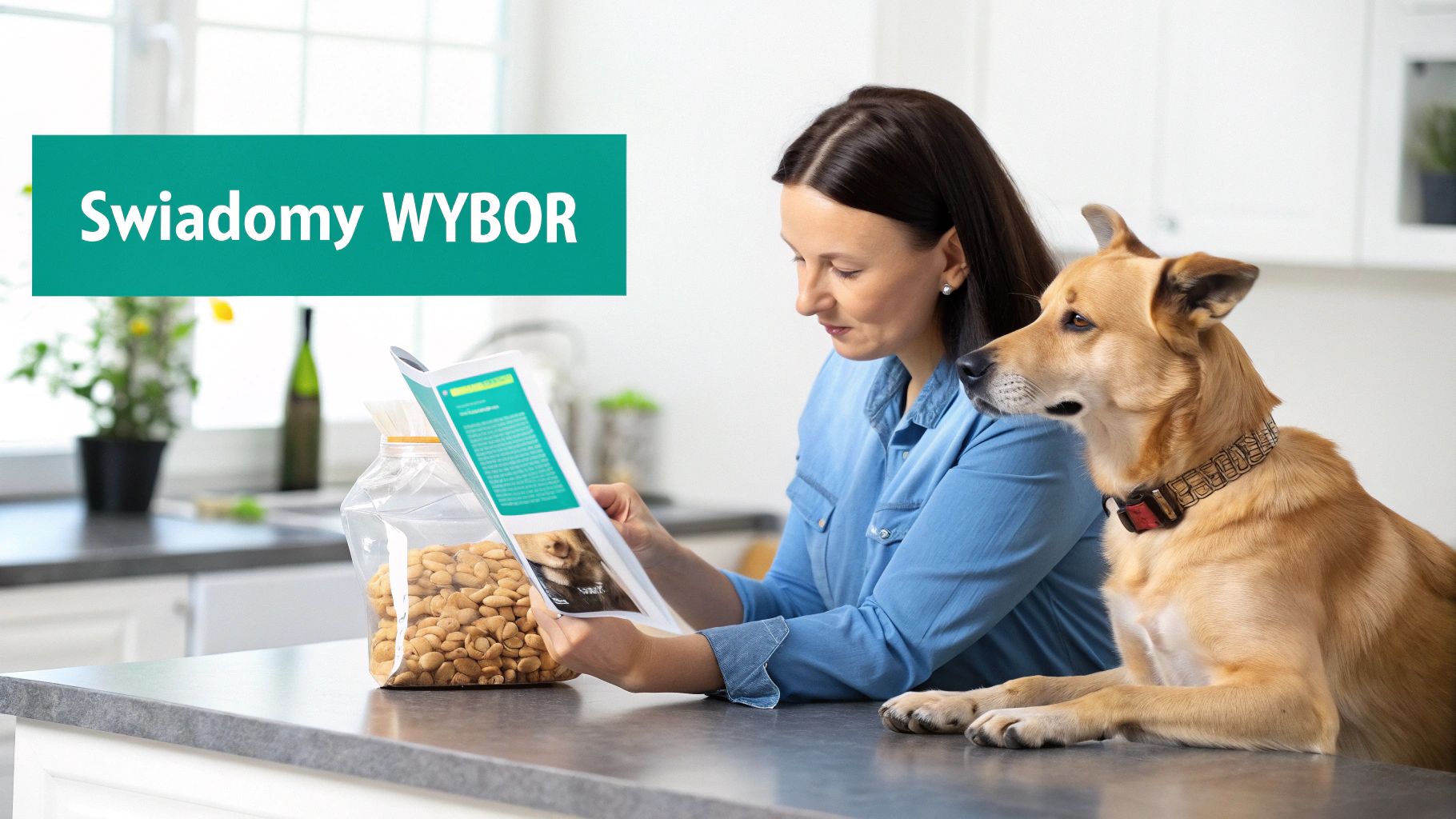 Kobieta czyta magazyn, obok niej pies i duża torba karmy dla psów na blacie. Świadomy wybór żywienia.