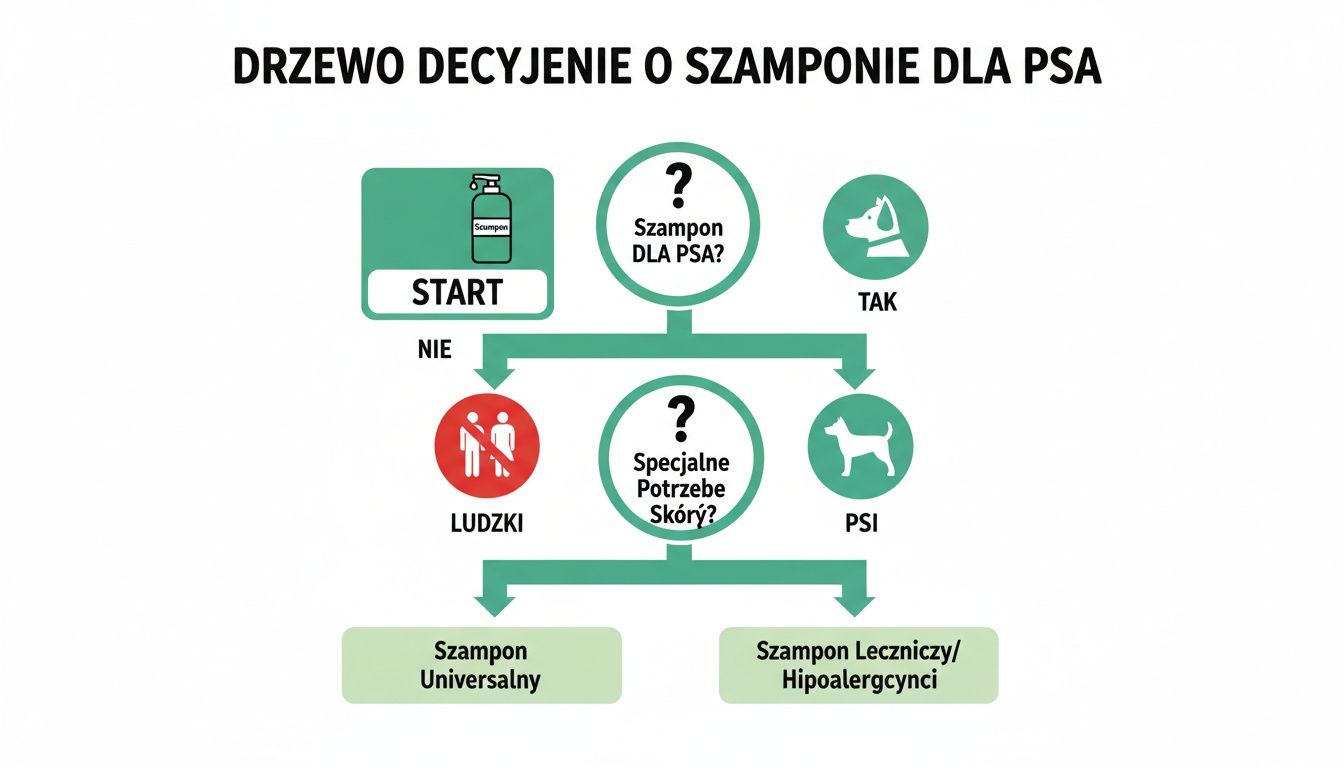 Schemat drzewa decyzyjnego dotyczącego wyboru szamponu dla psa, rozważający potrzeby ludzkie i psie oraz specjalne potrzeby skóry.