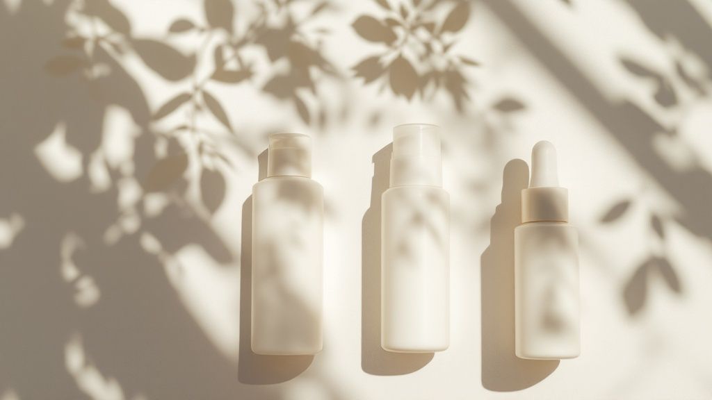 Três produtos de cuidados com a pele em um fundo bege claro.