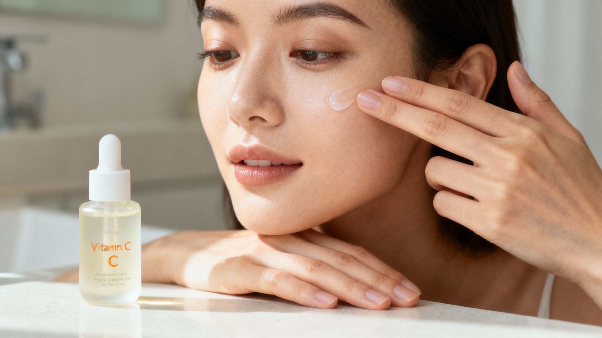 Mulher aplicando sérum de vitamina C no rosto para combater radicais livres e melhorar a pele
