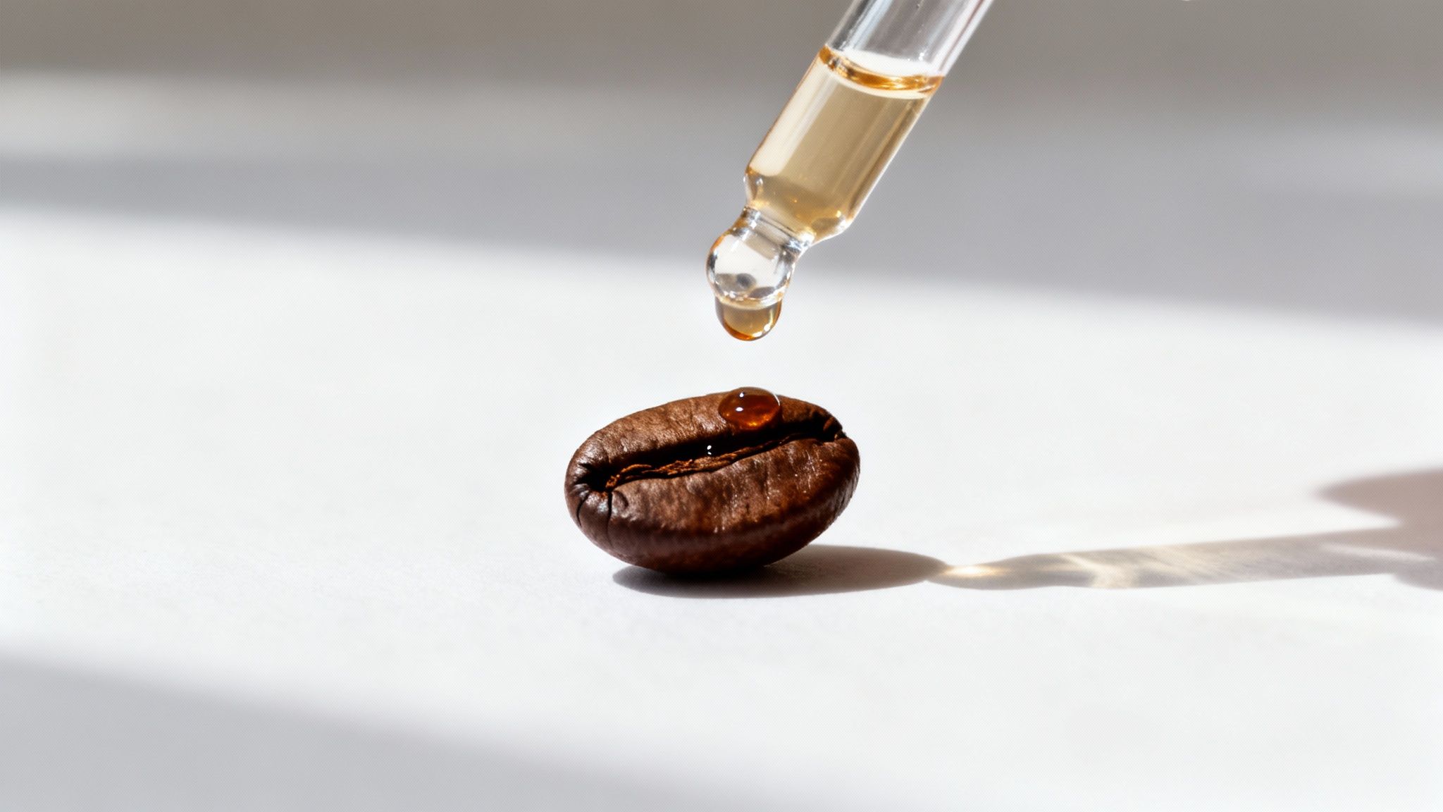 Pessoa segurando uma xícara de café, com foco na textura do líquido e grãos ao redor