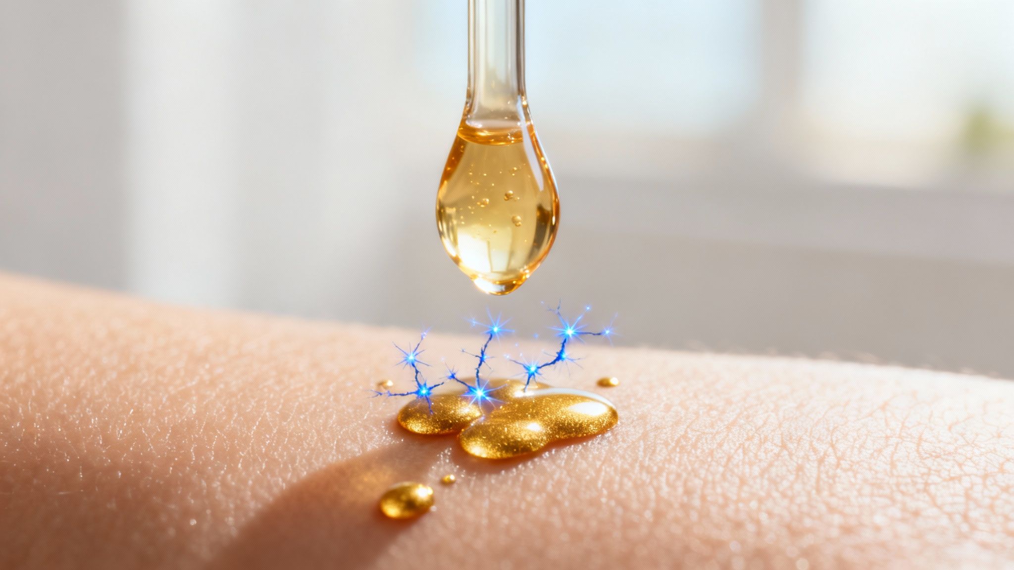Gota dourada de sérum antioxidante caindo sobre a pele com efeito luminoso de proteção celular