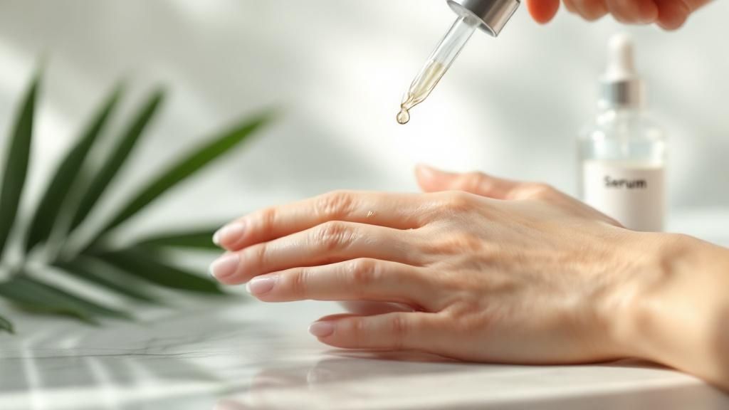 Vários frascos de sérum com conta-gotas em uma superfície de madeira, sugerindo a combinação de ingredientes