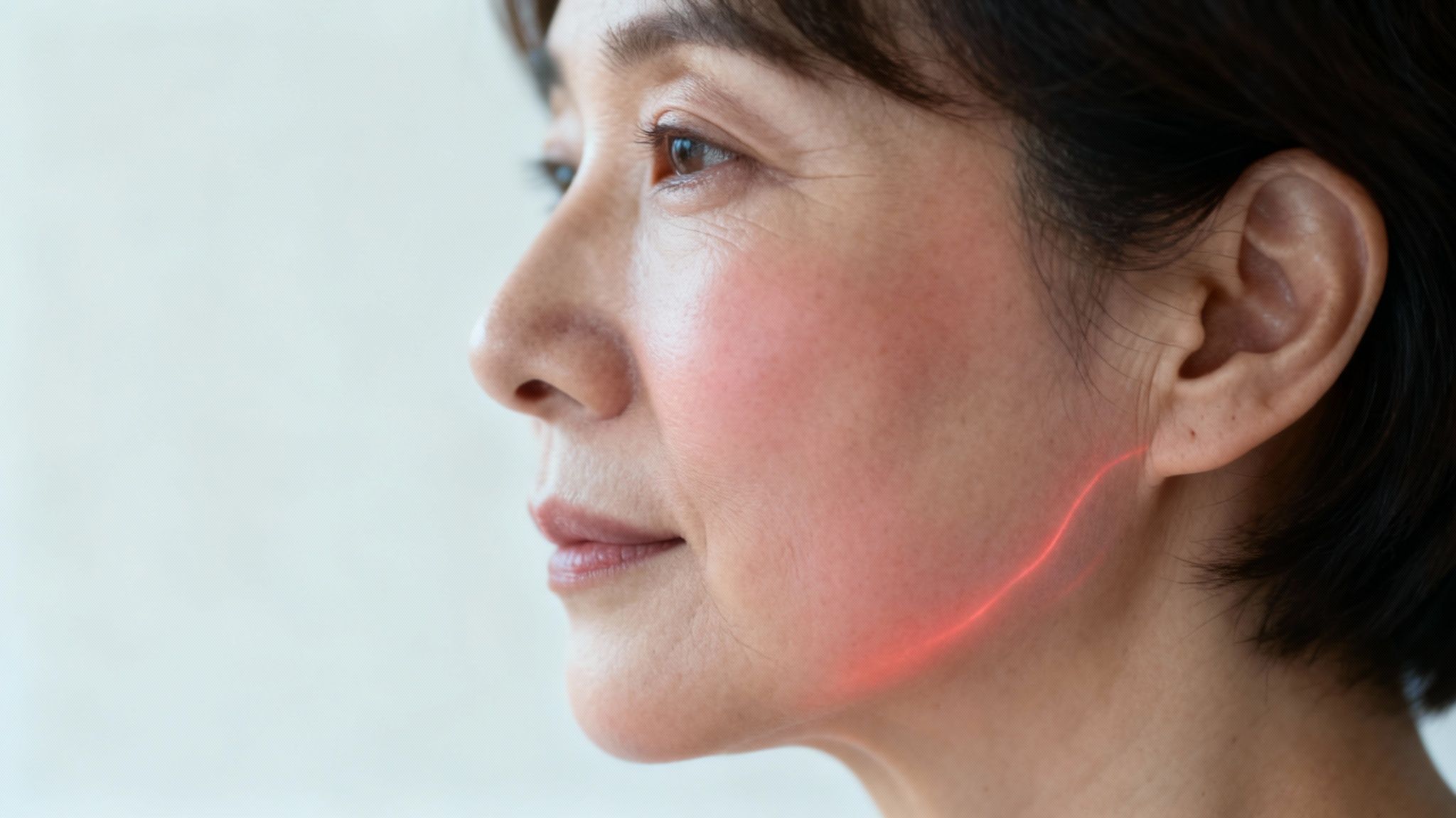 Mulher recebendo tratamento de luz vermelha no rosto para rejuvenescimento e cuidados com a pele