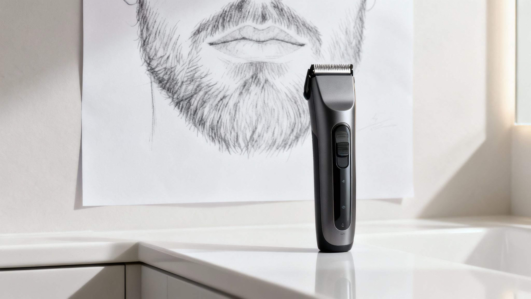 Homem usando um aparador elétrico na barba em frente ao espelho.