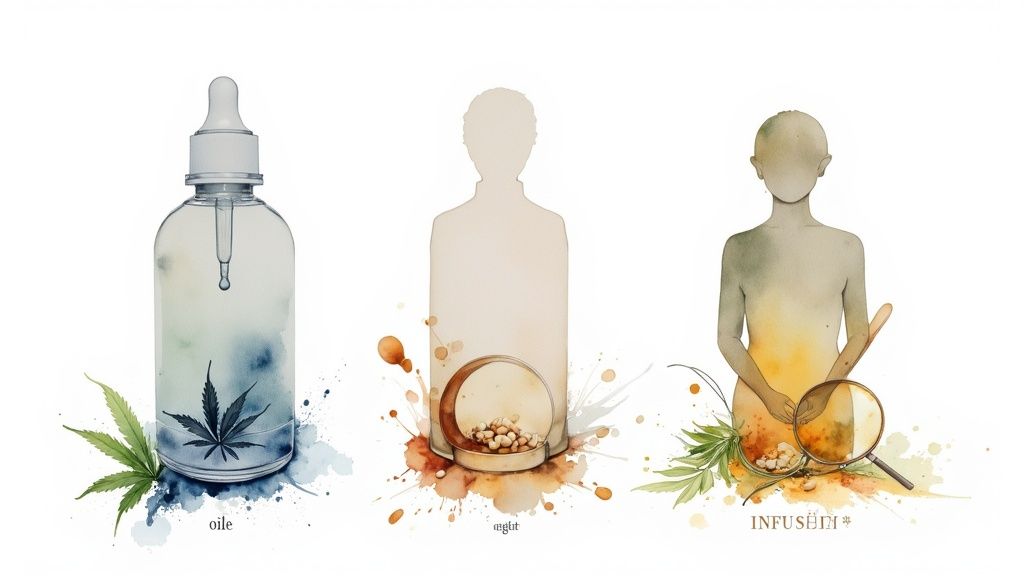 Divers produits CBD, notamment des huiles, des gélules et des infusions, disposés sur une table en bois.