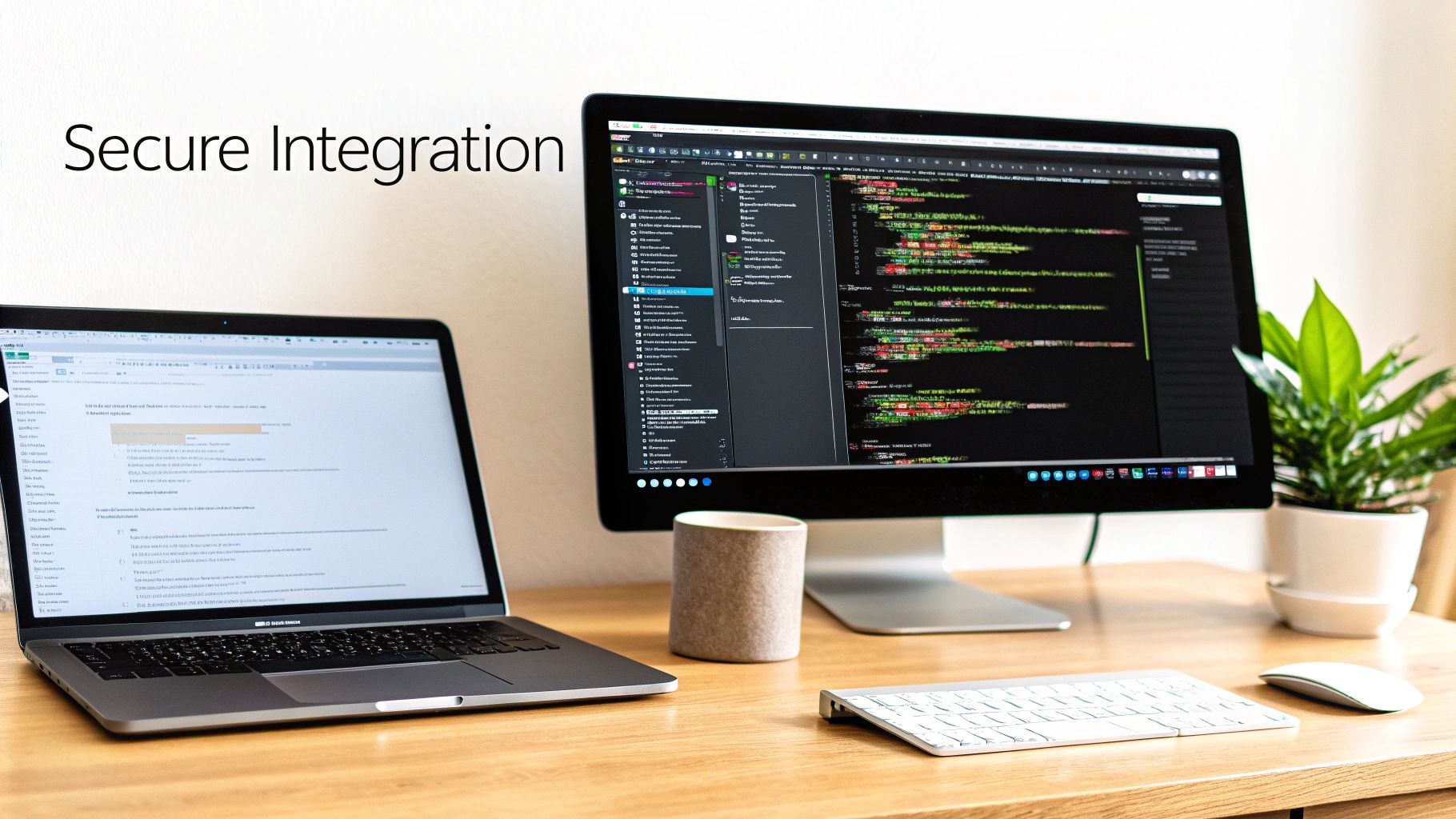 A modern developer workspace with a laptop, a large monitor displaying code, and a potted plant.