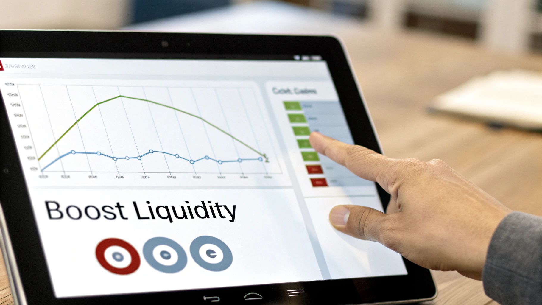A hand interacts with a tablet showing a financial dashboard, charts, and 'Boost Liquidity' text.