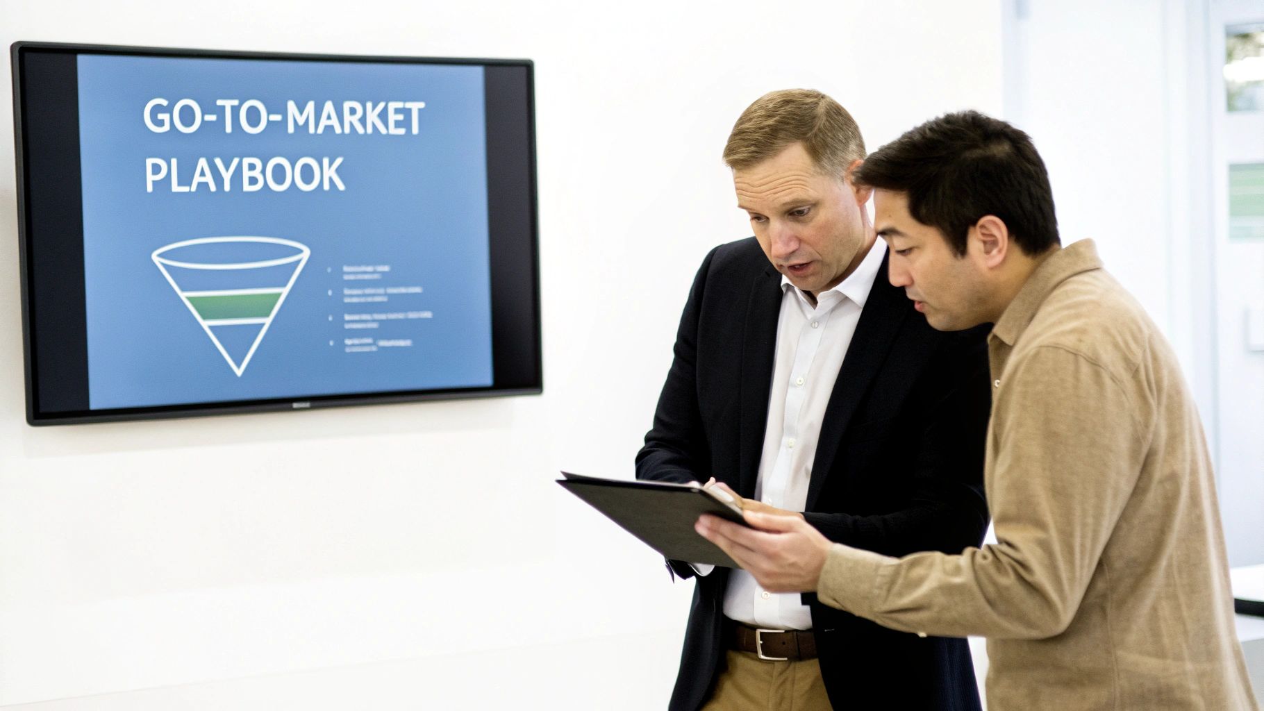 Two men reviewing a document during a business discussion about a go-to-market playbook.