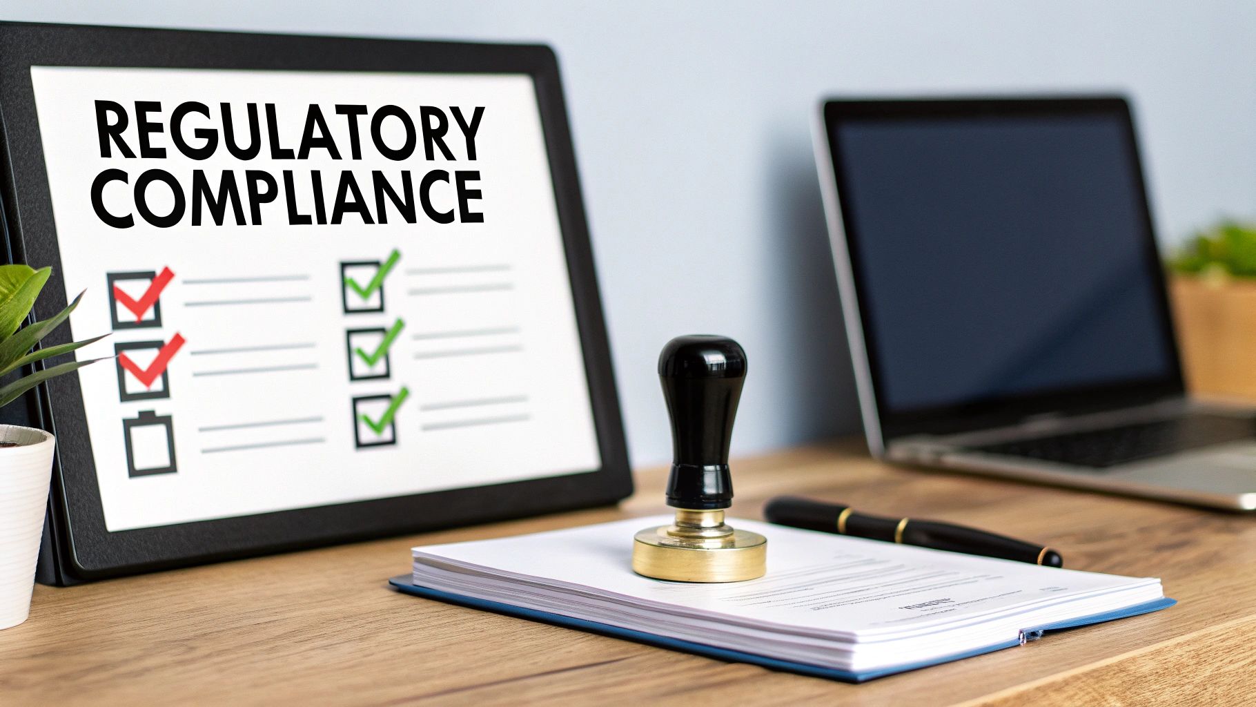 A tablet displays 'Regulatory Compliance' with a checklist, next to a stamp, pen, and documents on a desk.
