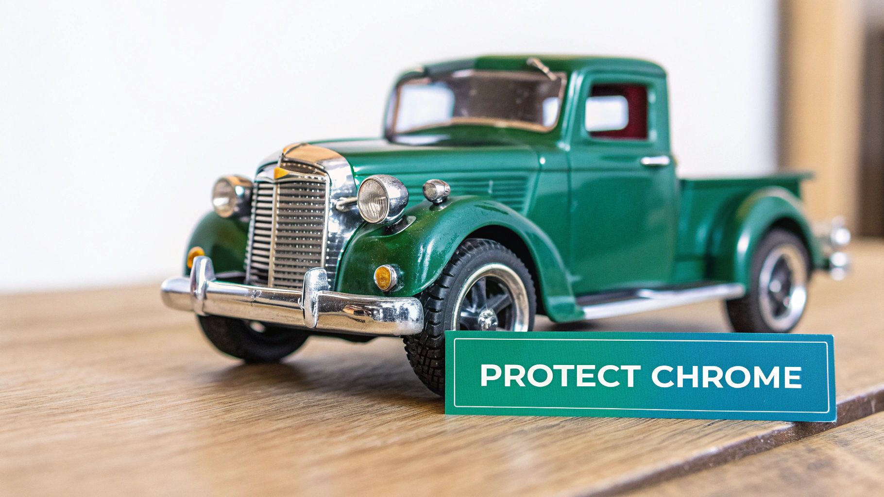 A vintage green toy pickup truck sits on a wooden table next to a sign reading 'PROTECT CHROME'.