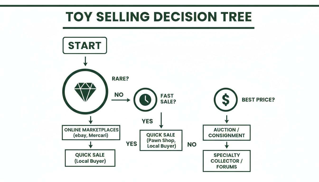 A toy selling decision tree flowchart guiding users on where to sell toys based on rarity, speed, and price.
