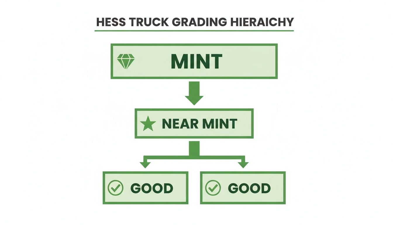 A flowchart illustrates the Hess truck grading hierarchy: Mint, Near Mint, and Good.
