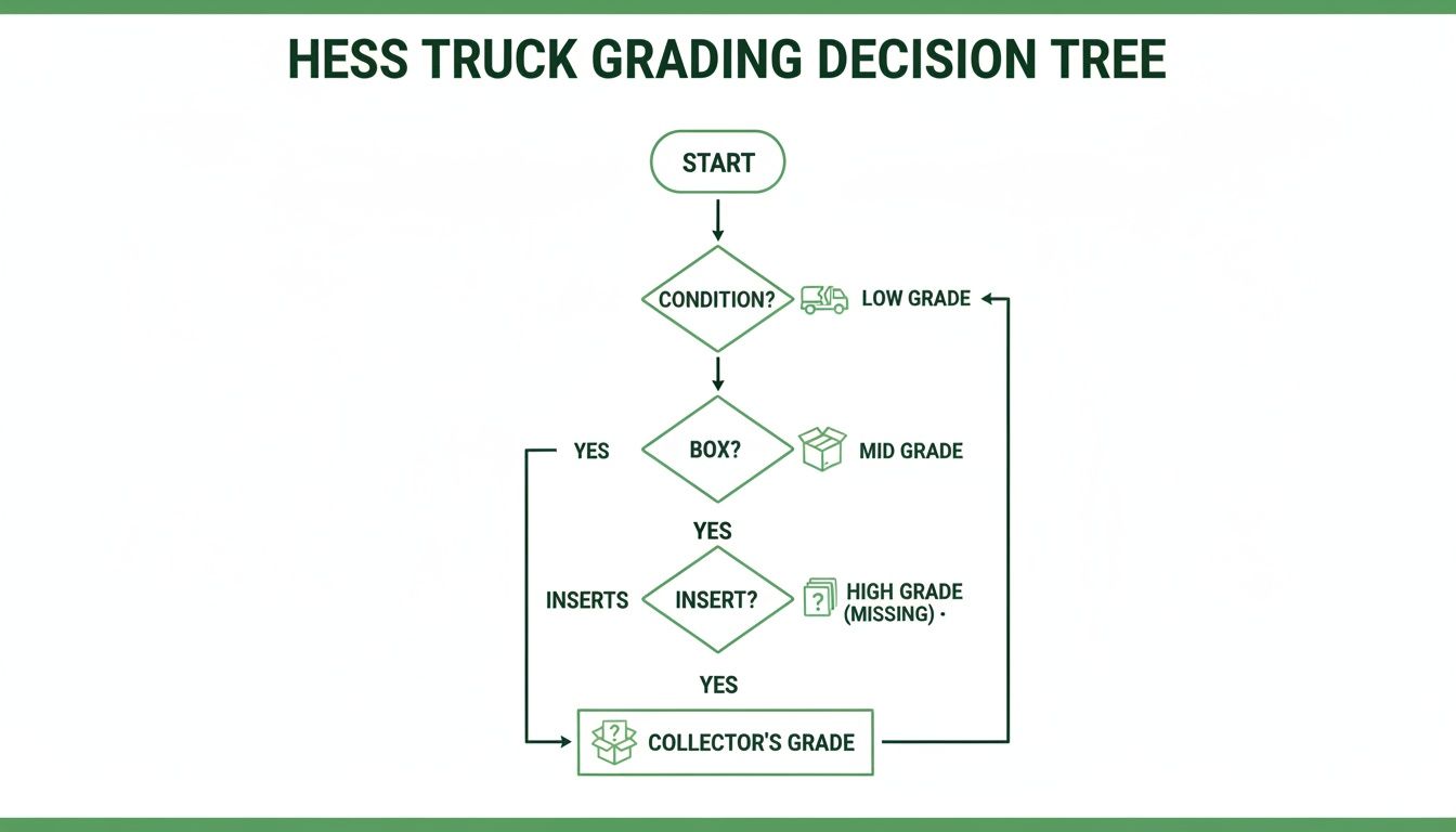 Decision tree flowchart explaining how to grade Hess trucks based on condition, box, and inserts.