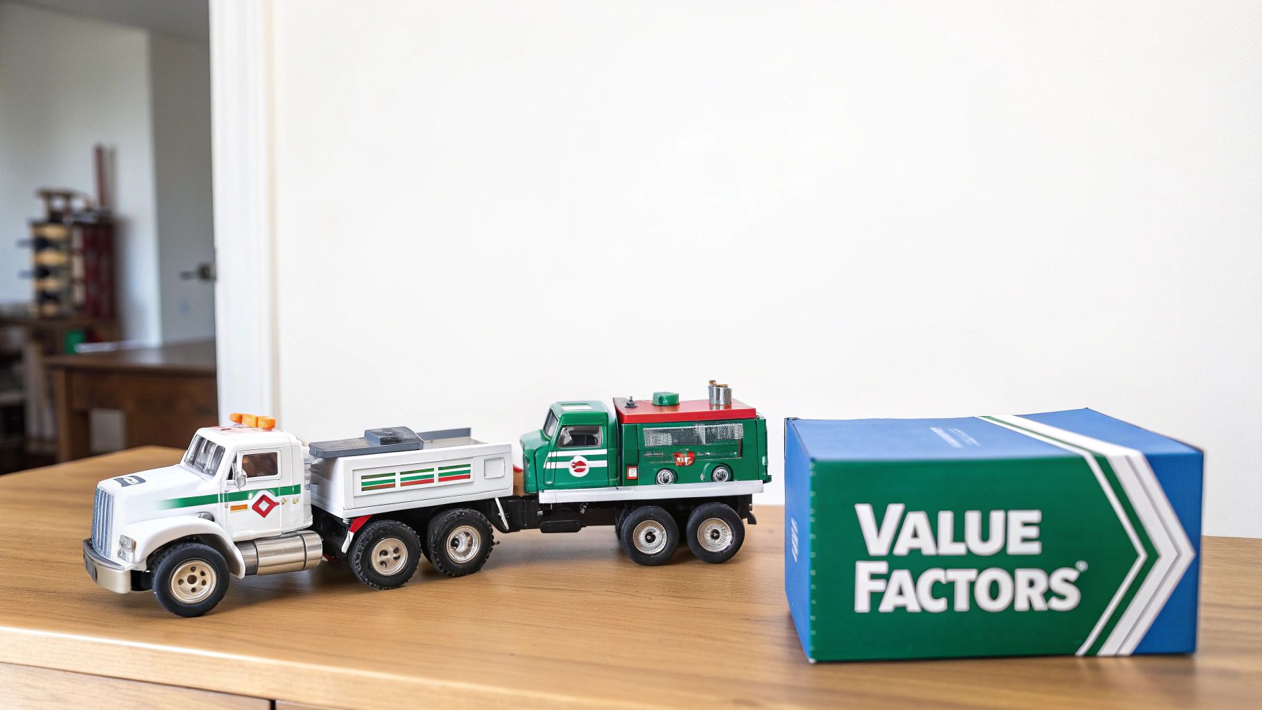 Two toy Hess trucks, one pulling a trailer, sit on a table next to a 'VALUE FACTORS' box.