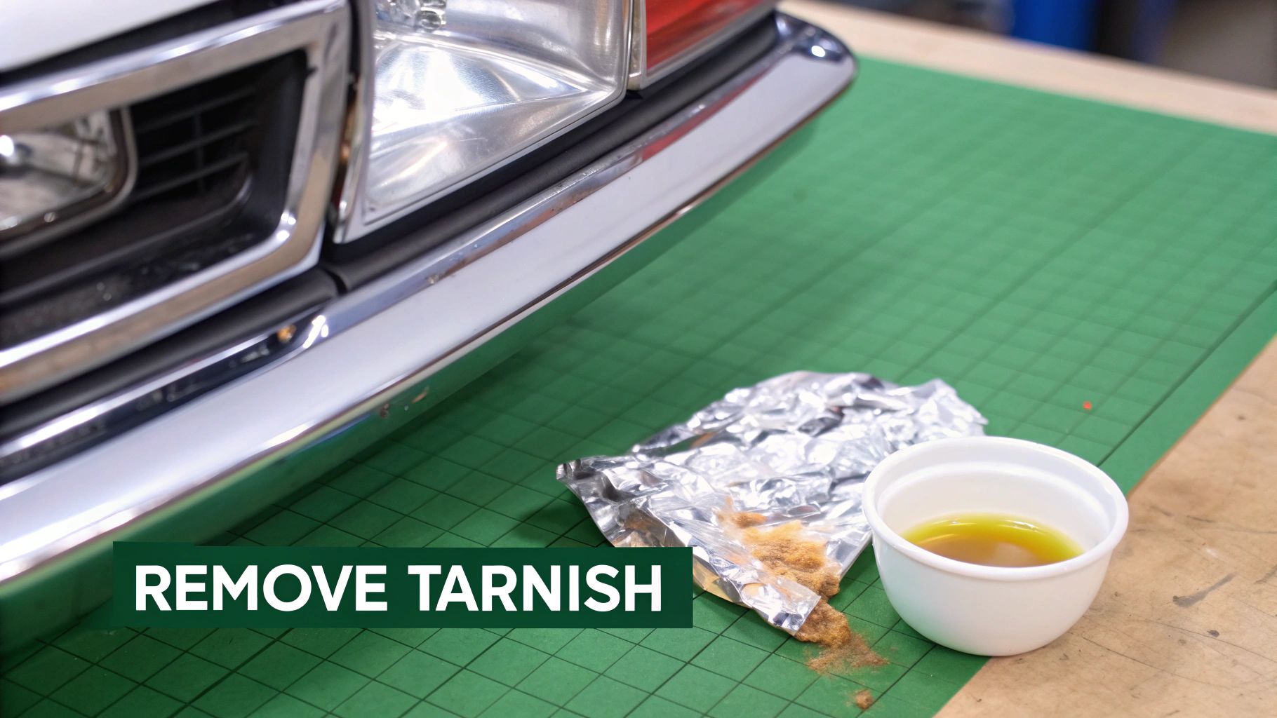 Ingredients and tools laid out on a green mat, ready to remove tarnish from a car's chrome bumper.