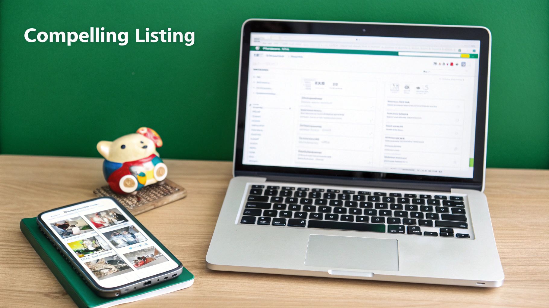 A laptop, smartphone showing product images, and a teddy bear on a wooden desk.