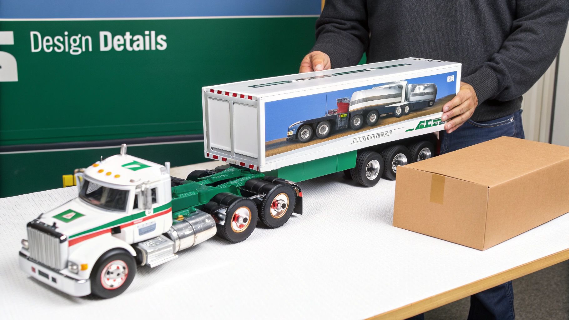 A person holds a detailed model of a white and green Hess truck and trailer, alongside another model truck.