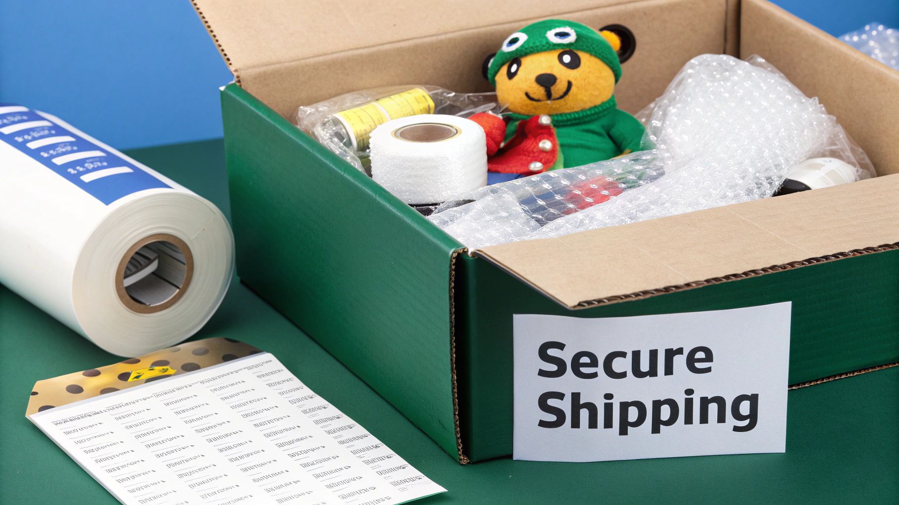 An open green and brown shipping box filled with a teddy bear, tape, and bubble wrap, labeled 'Secure Shipping'.