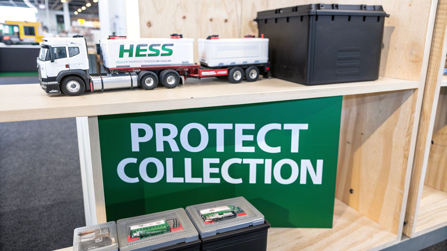 White Hess toy truck and double tanker trailer displayed on a wooden shelf above a green "PROTECT COLLECTION" sign.